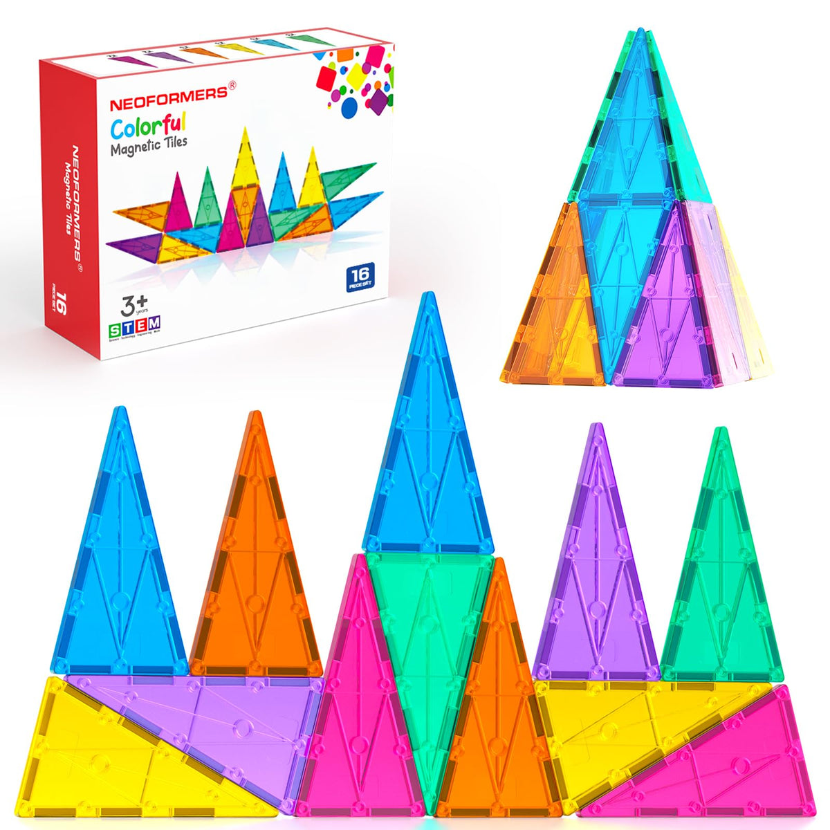 NEOFORMERS Magnetic Tiles – 16-Piece Isosceles Triangle Expansion Pack for Kids 3+