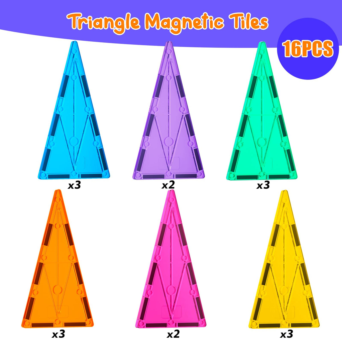 NEOFORMERS Magnetic Tiles – 16-Piece Isosceles Triangle Expansion Pack for Kids 3+