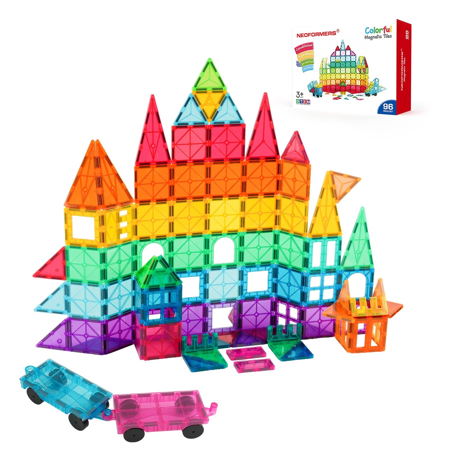 NEOFORMERS Magnetic Tiles 96PCS – 3D Clear Magnetic Building Blocks for Kids 3-9