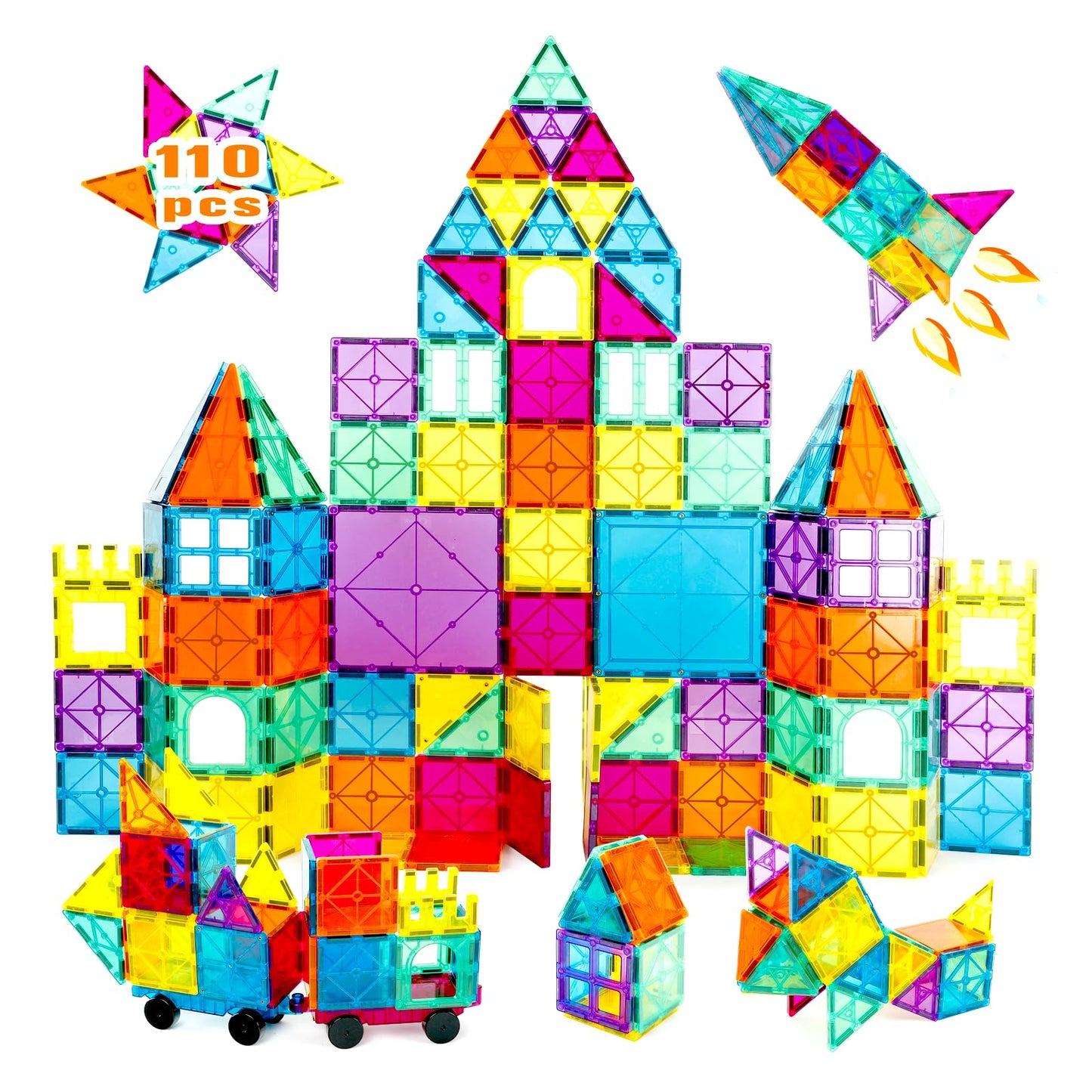 NEOFORMERS Magnetic Tiles Car Set – Strong Magnets, Reinforced Hitch & Long Bed (110 PCS)