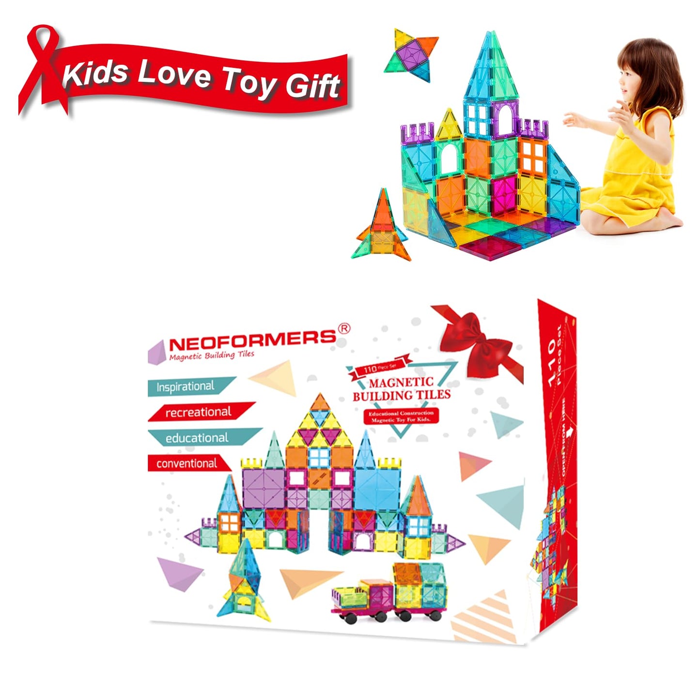 NEOFORMERS Magnetic Tiles Car Set – Strong Magnets, Reinforced Hitch & Long Bed (110 PCS)