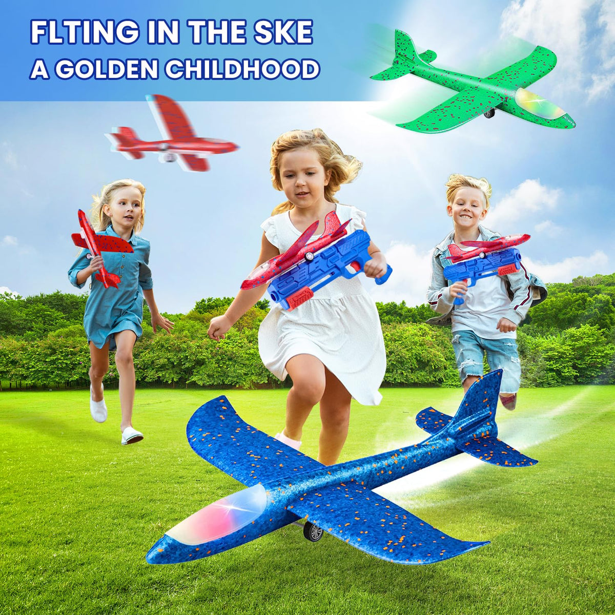 Neoot Toy Airplane Launcher 3-Pack – LED Glider Planes for Kids Aged 3–12