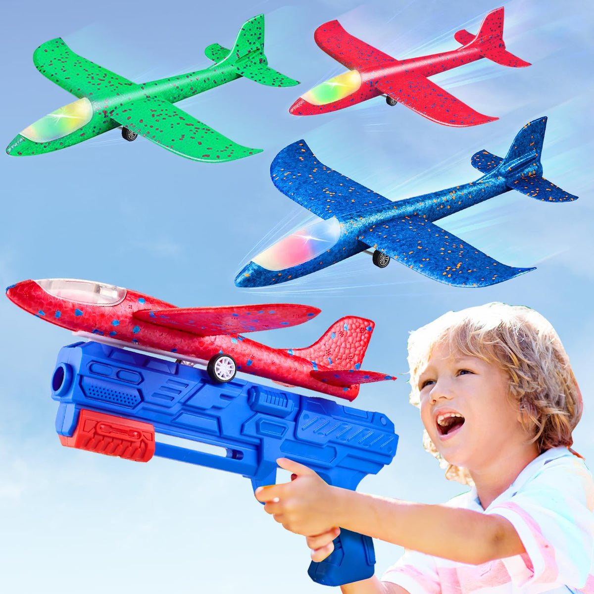 Neoot Toy Airplane Launcher 3-Pack – LED Glider Planes for Kids Aged 3–12