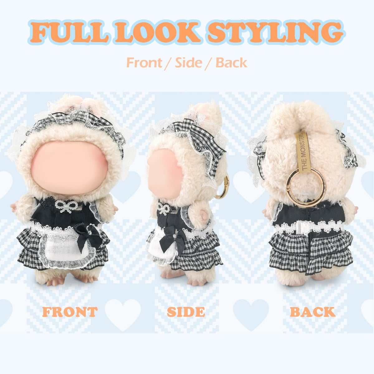 NEOVISTA Gothic Lolita Maid Outfit for 17cm Labubu Doll – Checkered Skirt, Lace Headband & Maid Bib