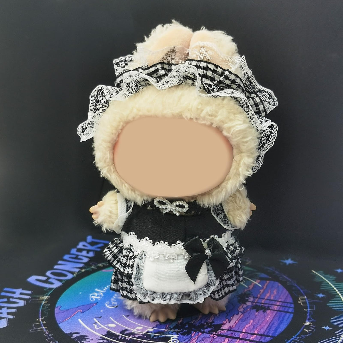 NEOVISTA Gothic Lolita Maid Outfit for 17cm Labubu Doll – Checkered Skirt, Lace Headband & Maid Bib