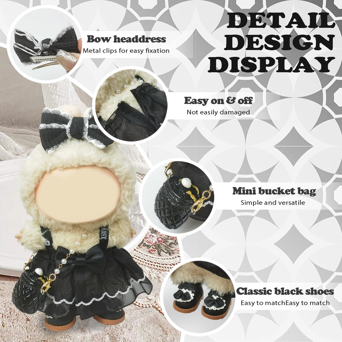 NEOVISTA 4-Piece Black Swan Belle Dress Set for 17cm Labubu Dolls | Balletcore Elegance