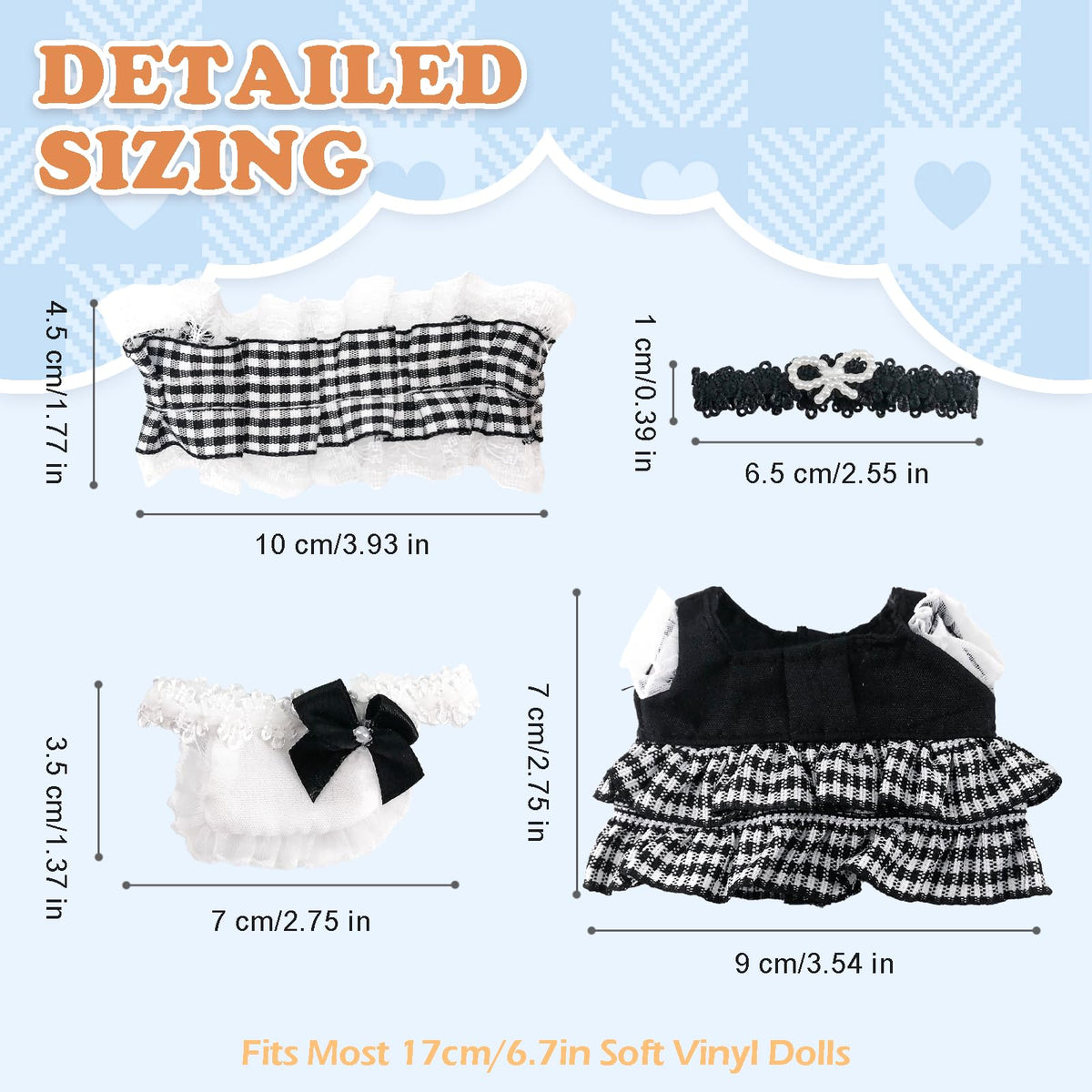 NEOVISTA Gothic Lolita Maid Outfit for 17cm Labubu Doll – Checkered Skirt, Lace Headband & Maid Bib