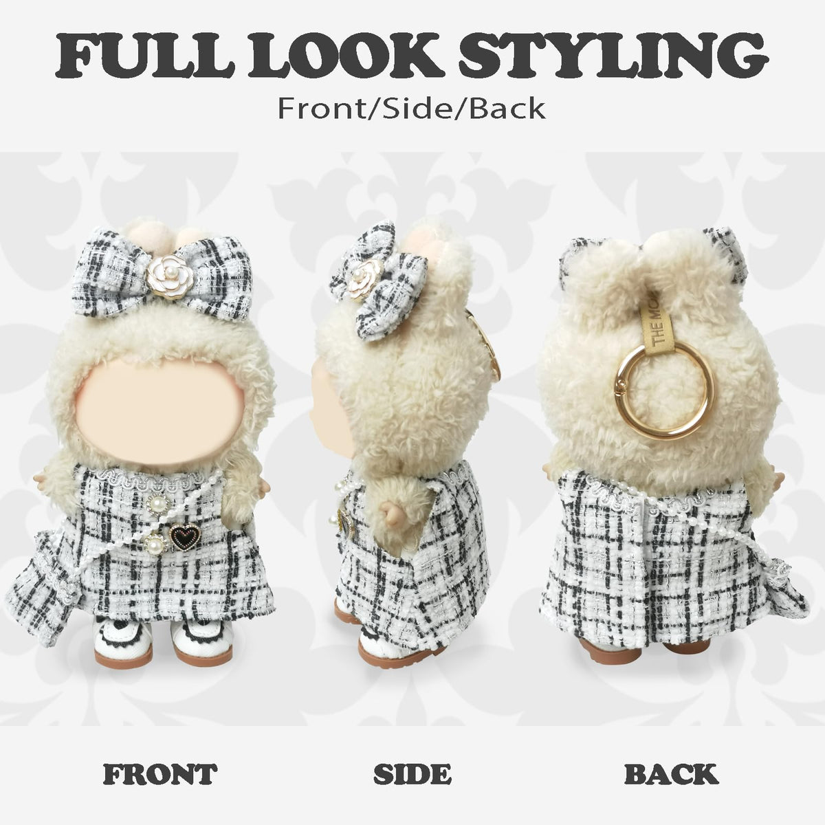 NEOVISTA Labubu Doll Clothes – 4-Piece Monochrome Tweed Set for 17cm Dolls (Coco White Check)