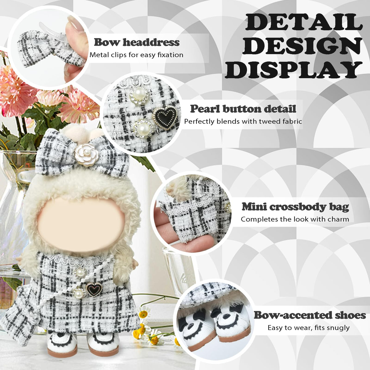 NEOVISTA Labubu Doll Clothes – 4-Piece Monochrome Tweed Set for 17cm Dolls (Coco White Check)