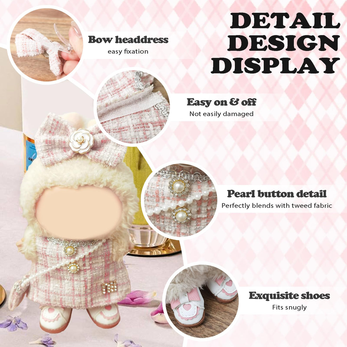 NEOVISTA LABUBU Doll Clothes – 4-Piece Pink Tweed Charm Set for 17cm Doll