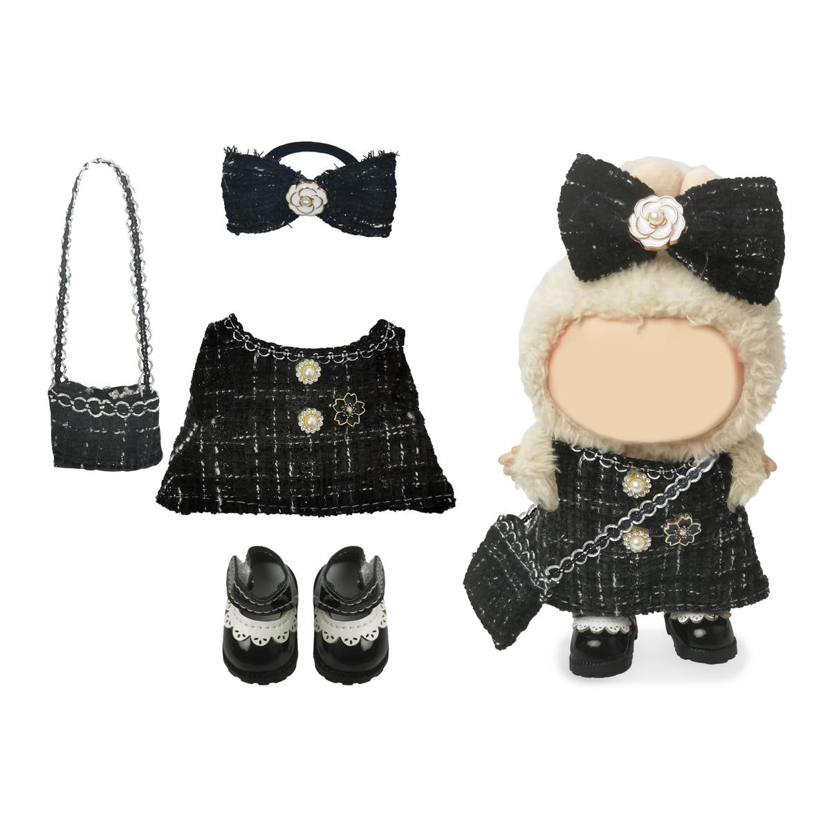 NEOVISTA Midnight Tweed Charm: 4-Piece Labubu Doll Outfit for 17cm Dolls