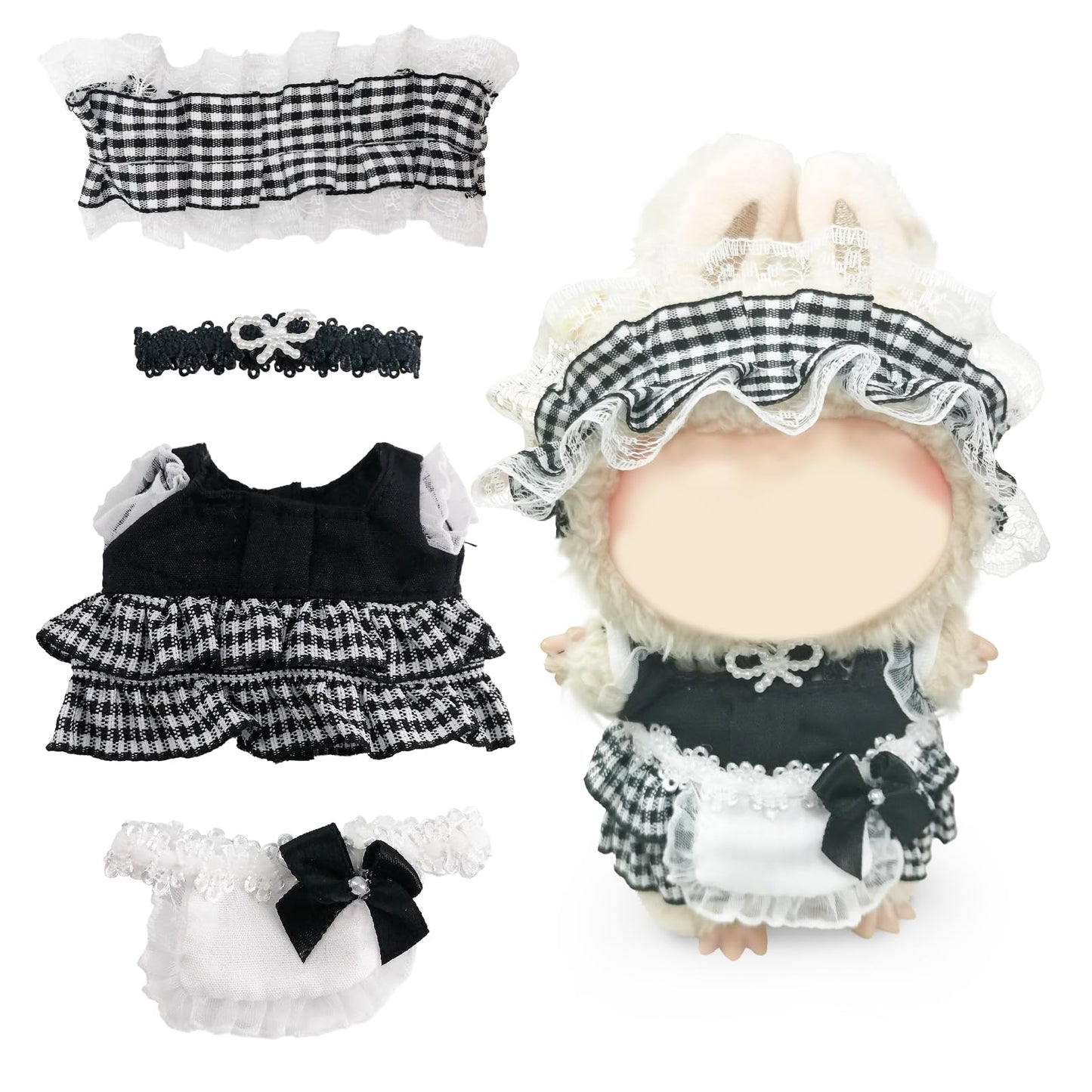 NEOVISTA Gothic Lolita Maid Outfit for 17cm Labubu Doll – Checkered Skirt, Lace Headband & Maid Bib