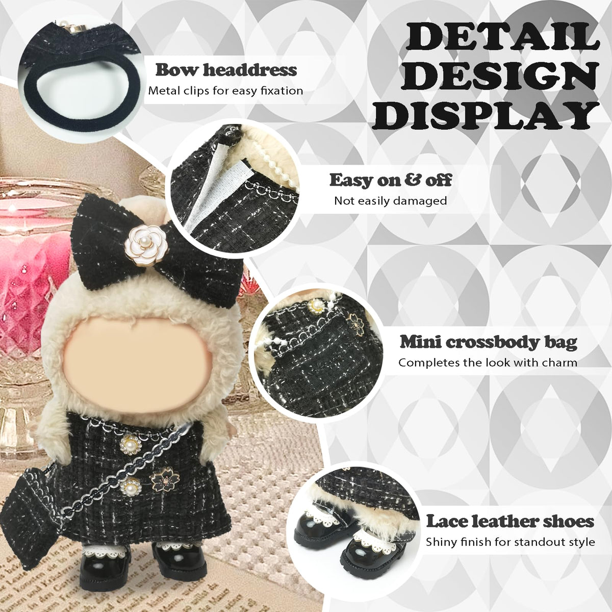 NEOVISTA Midnight Tweed Charm: 4-Piece Labubu Doll Outfit for 17cm Dolls