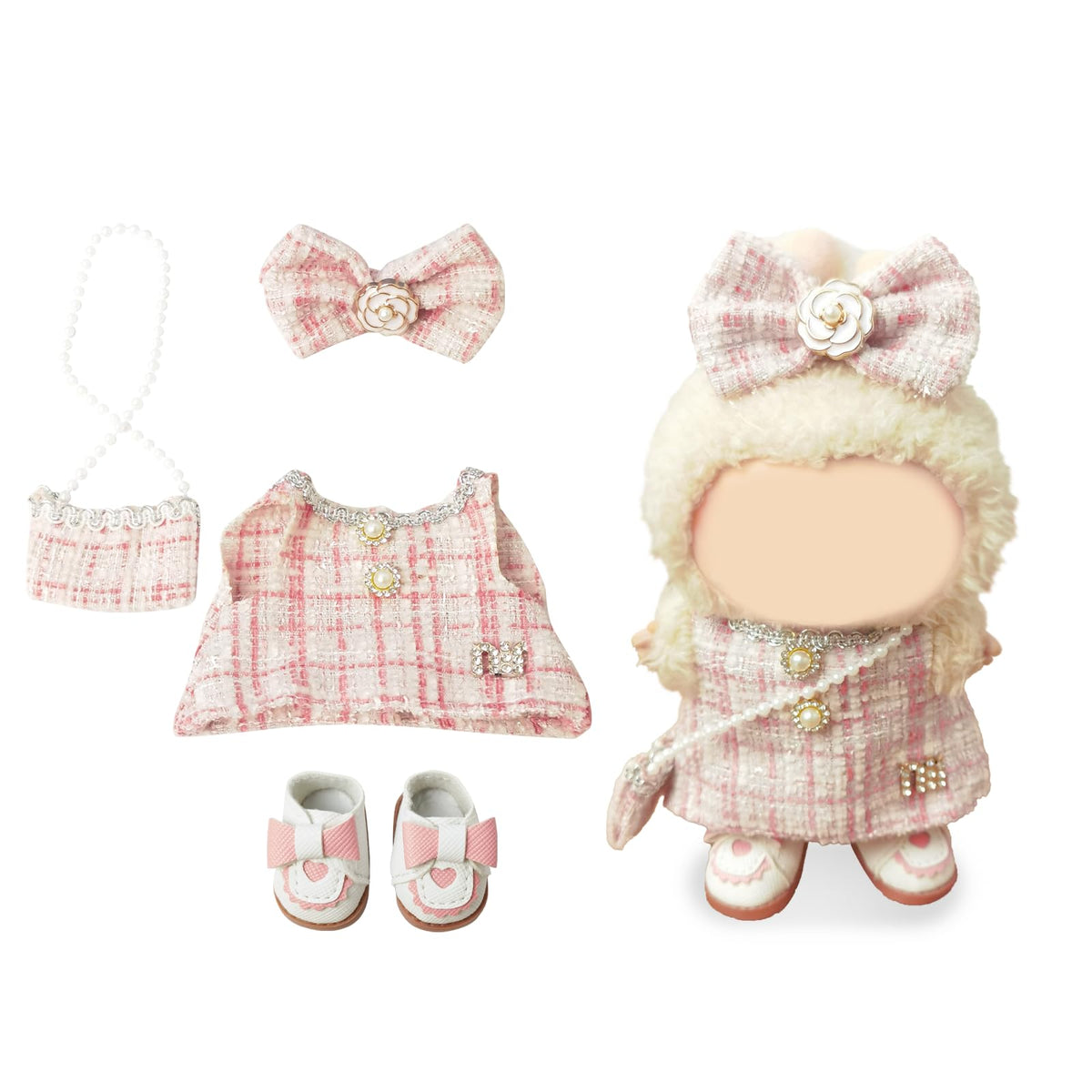 NEOVISTA LABUBU Doll Clothes – 4-Piece Pink Tweed Charm Set for 17cm Doll