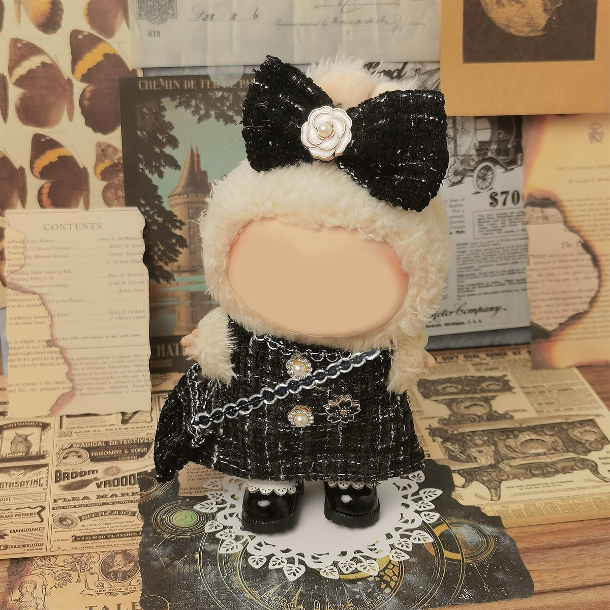NEOVISTA Midnight Tweed Charm: 4-Piece Labubu Doll Outfit for 17cm Dolls