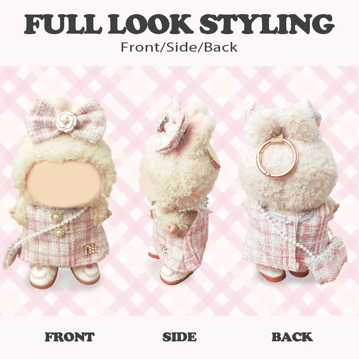 NEOVISTA LABUBU Doll Clothes – 4-Piece Pink Tweed Charm Set for 17cm Doll