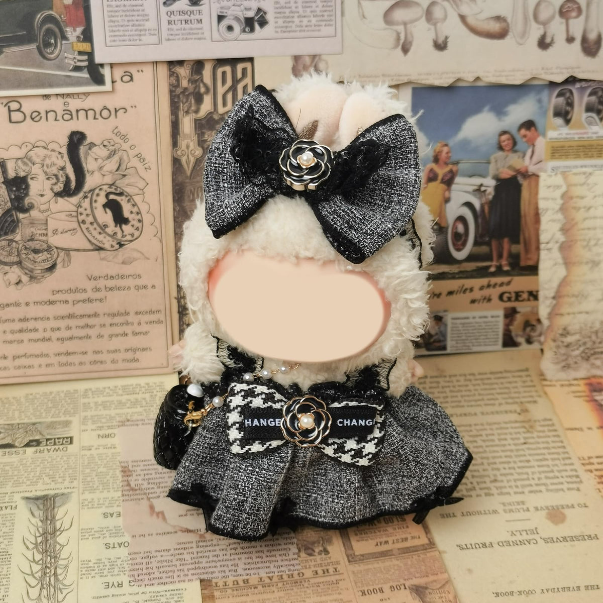 NEOVISTA Labubu Doll 4-Piece Houndstooth Rebel Outfit – 17cm Doll Clothes Set