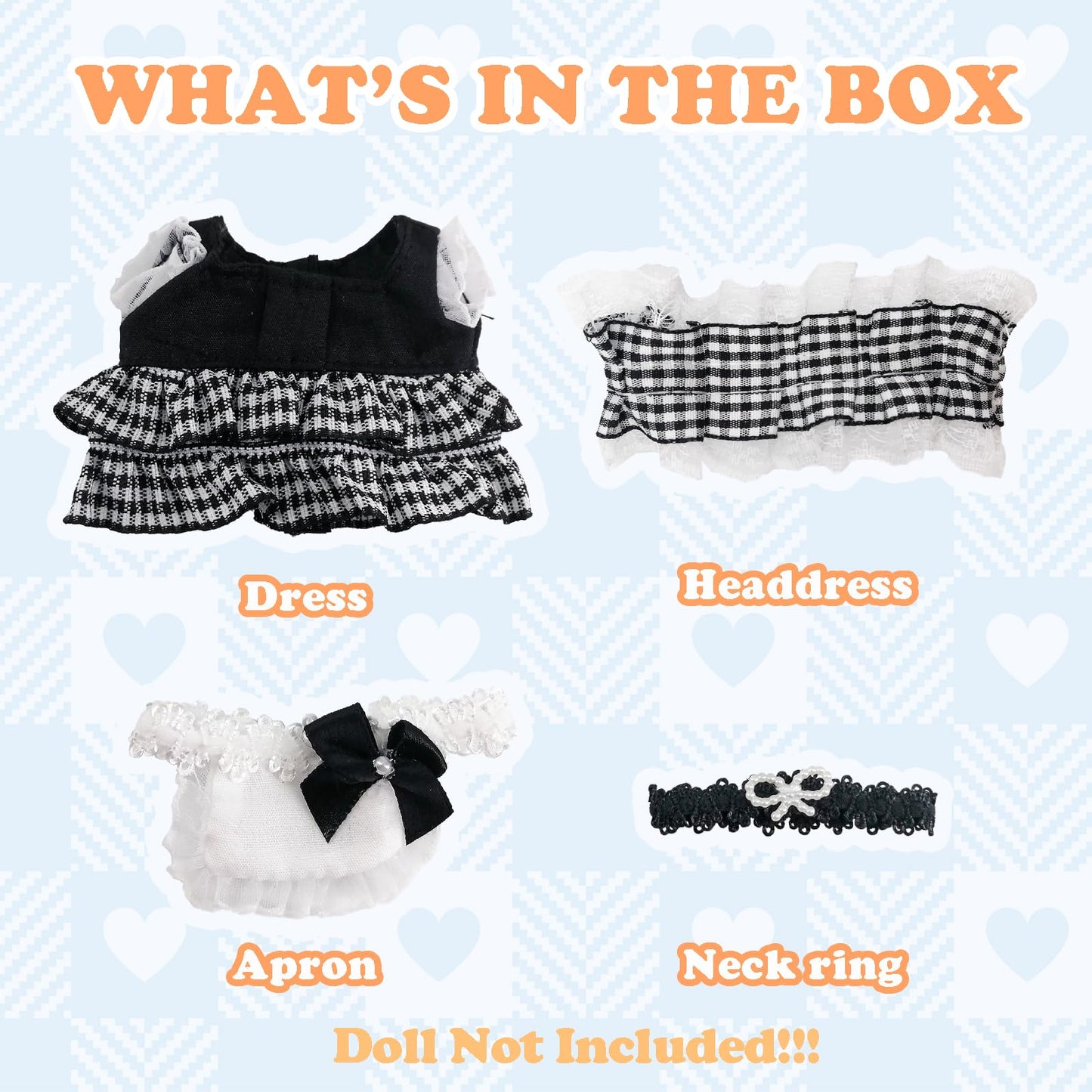 NEOVISTA Gothic Lolita Maid Outfit for 17cm Labubu Doll – Checkered Skirt, Lace Headband & Maid Bib