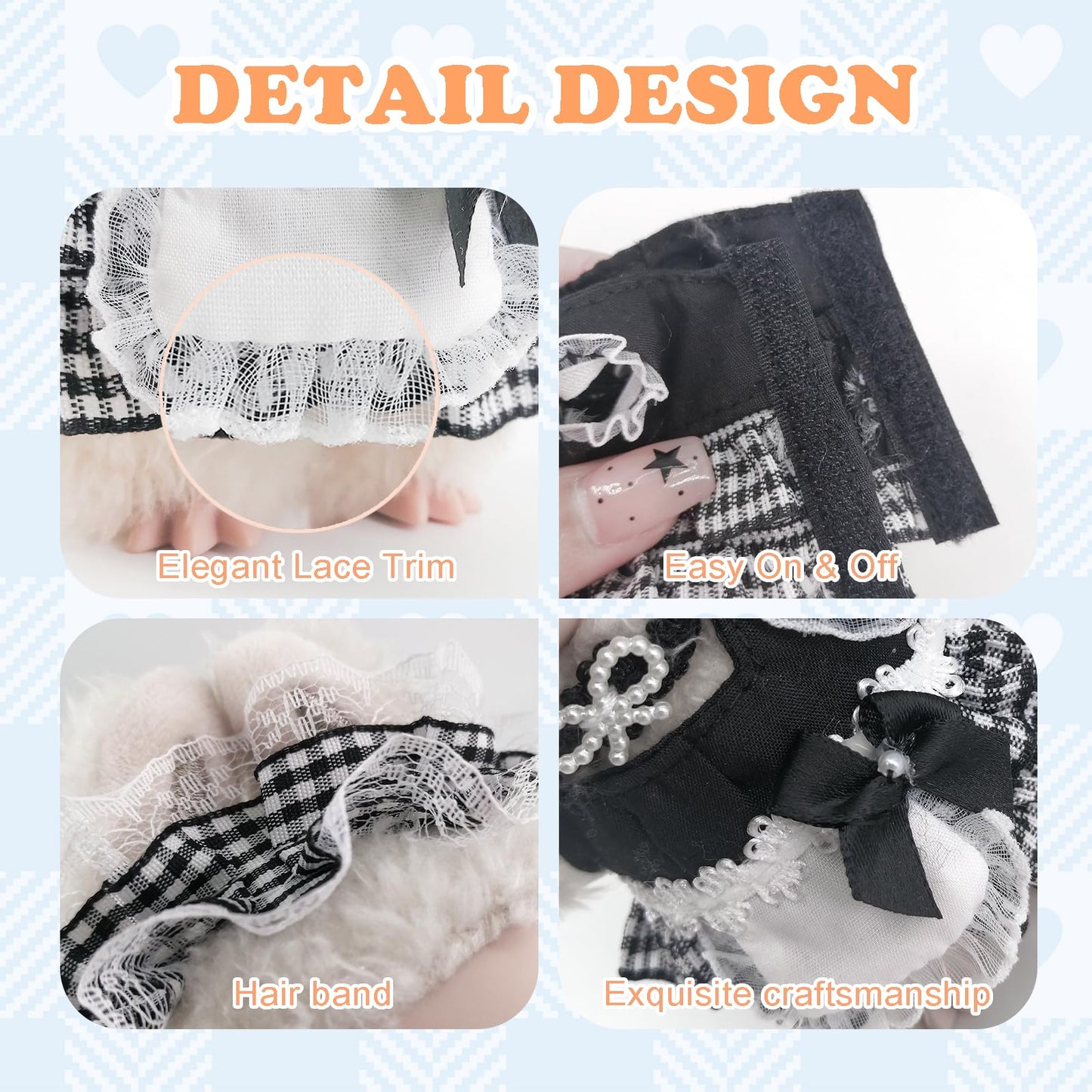 NEOVISTA Gothic Lolita Maid Outfit for 17cm Labubu Doll – Checkered Skirt, Lace Headband & Maid Bib