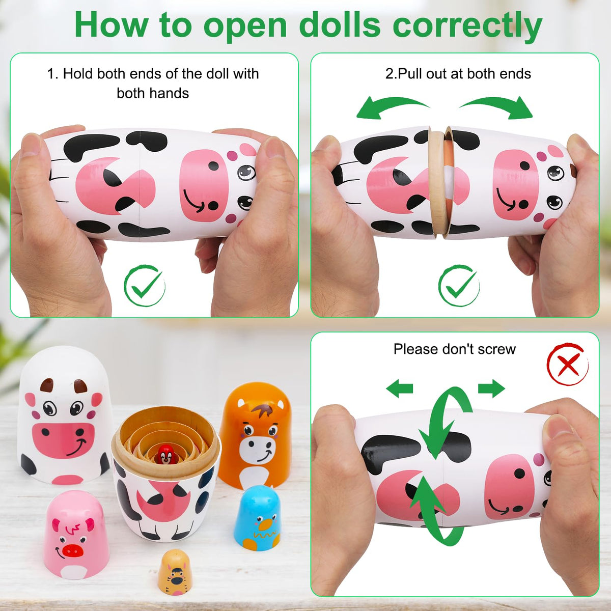 NEPOG Farm Animal Nesting Dolls – 6-Piece Wooden Matryoshka Set for Kids, Home & Office Decor