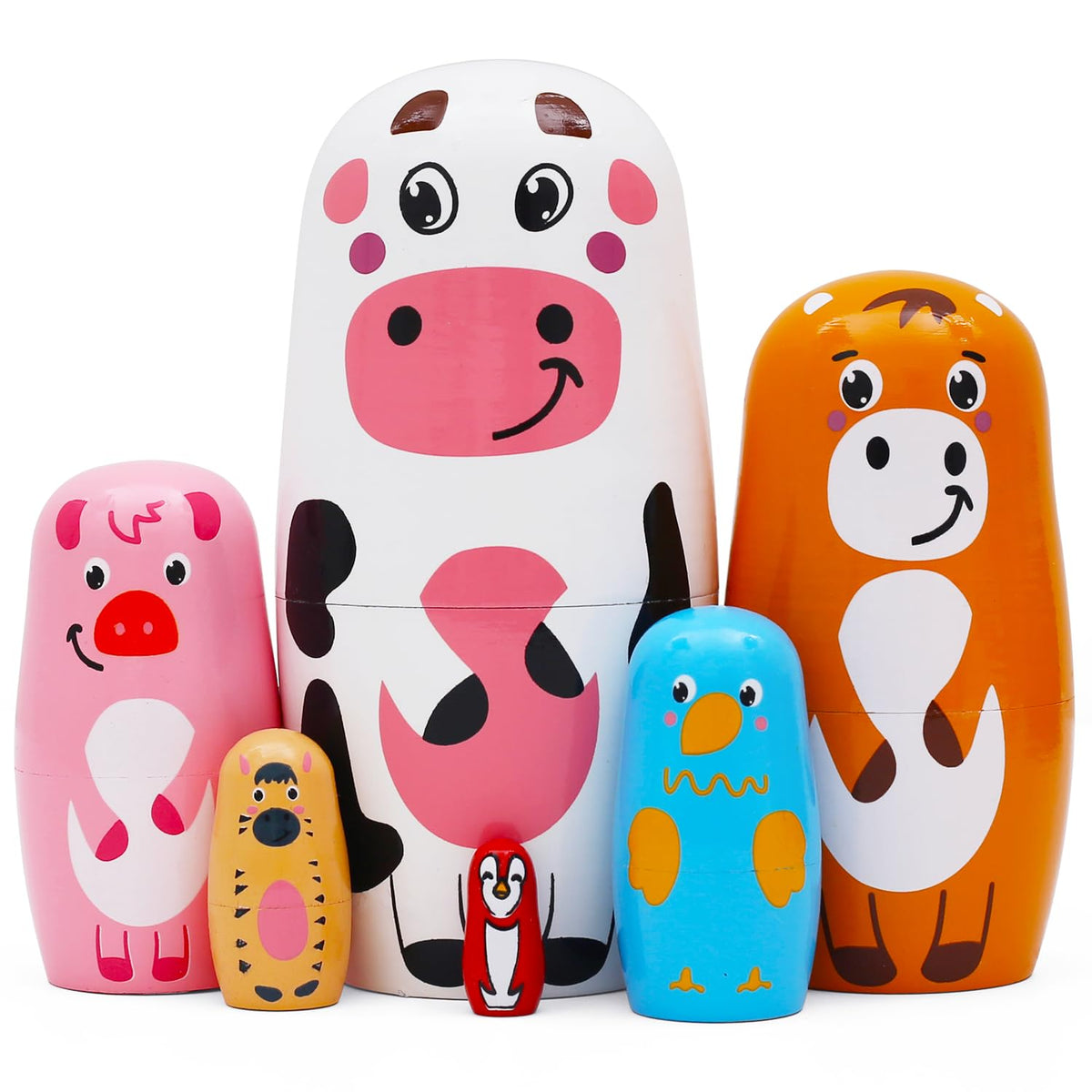 NEPOG Farm Animal Nesting Dolls – 6-Piece Wooden Matryoshka Set for Kids, Home & Office Decor