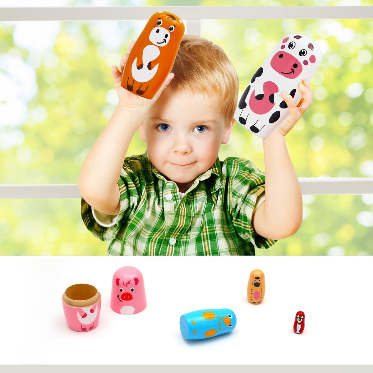 NEPOG Farm Animal Nesting Dolls – 6-Piece Wooden Matryoshka Set for Kids, Home & Office Decor