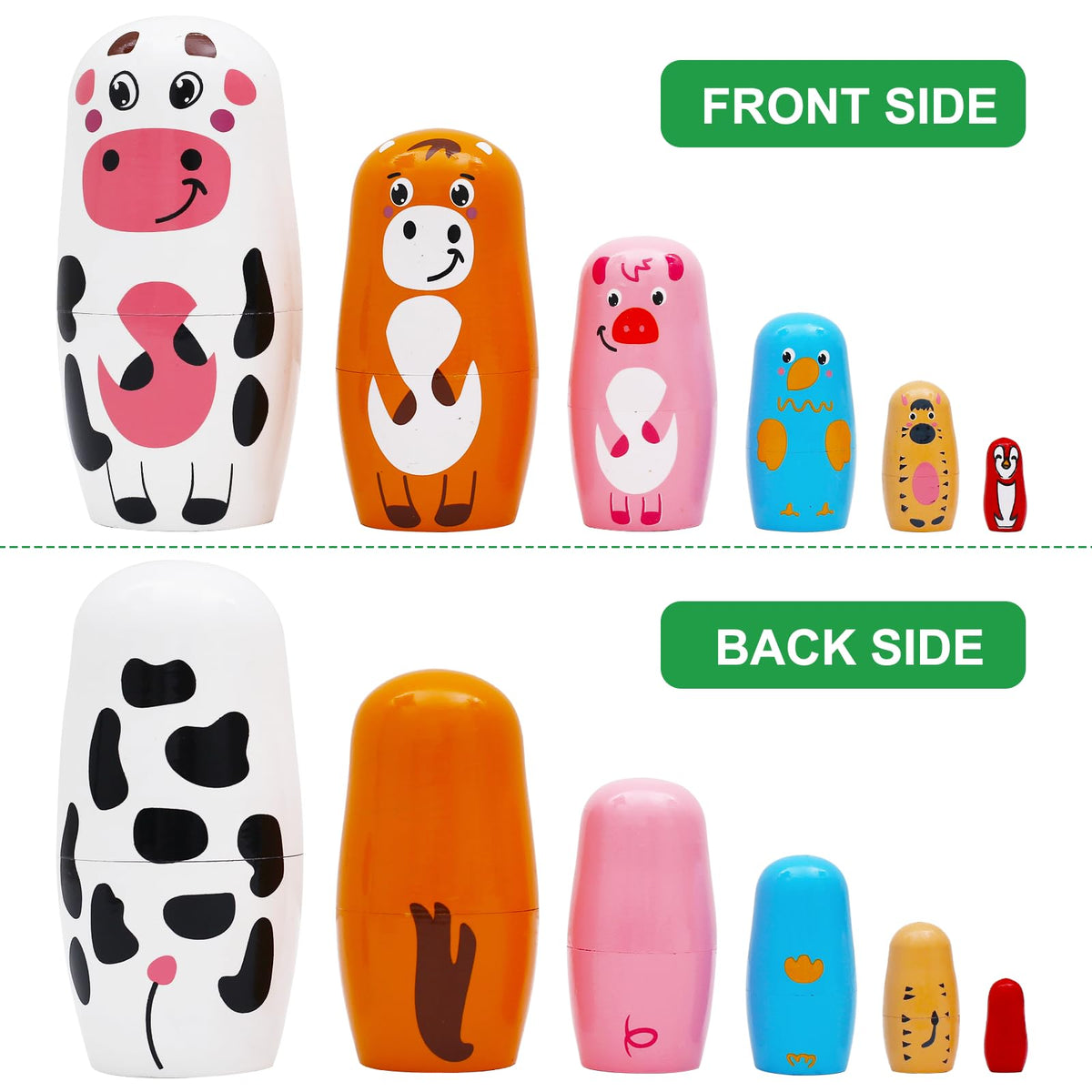 NEPOG Farm Animal Nesting Dolls – 6-Piece Wooden Matryoshka Set for Kids, Home & Office Decor