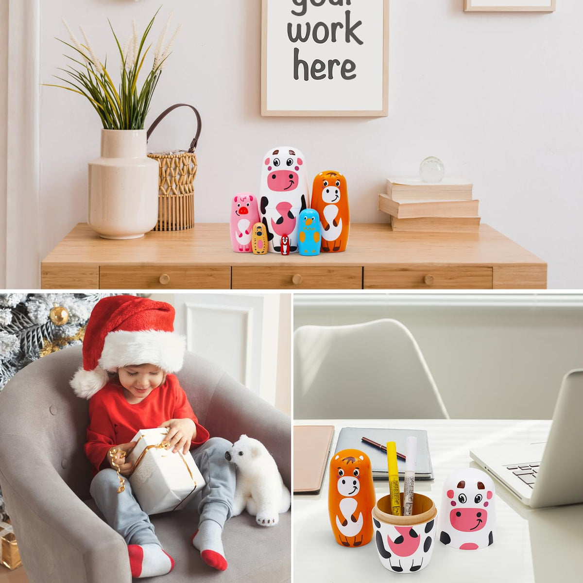 NEPOG Farm Animal Nesting Dolls – 6-Piece Wooden Matryoshka Set for Kids, Home & Office Decor