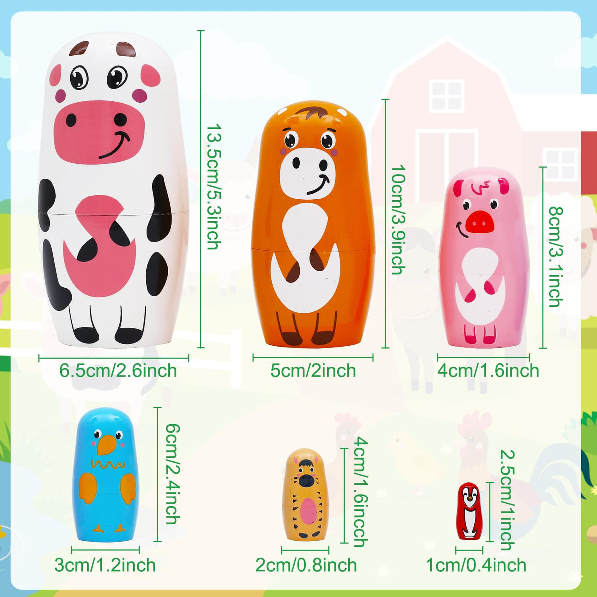 NEPOG Farm Animal Nesting Dolls – 6-Piece Wooden Matryoshka Set for Kids, Home & Office Decor