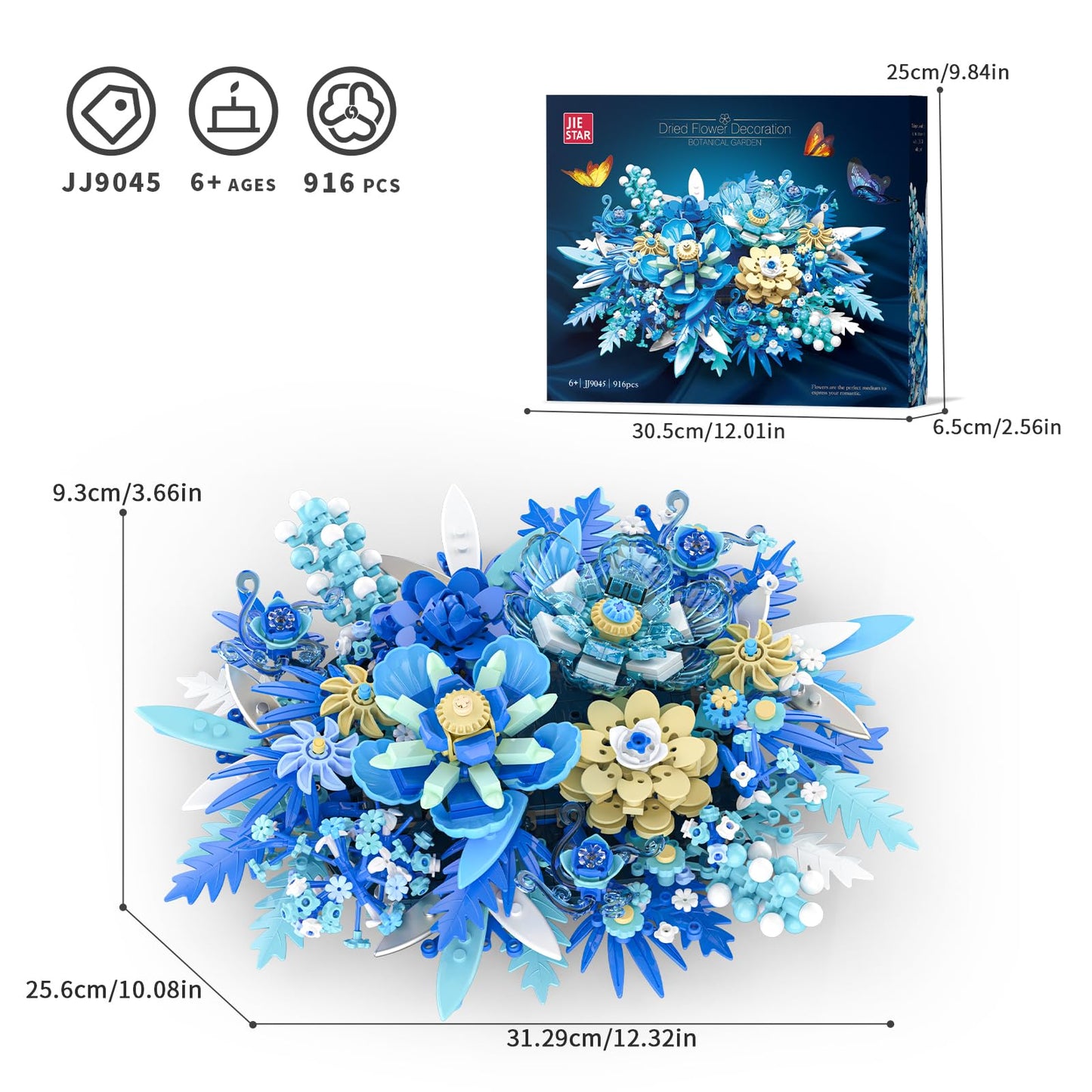 NERCISU Blue Flowers Bouquet Building Set – 917 PCS, Artificial Floral Wall Art & Home Decor