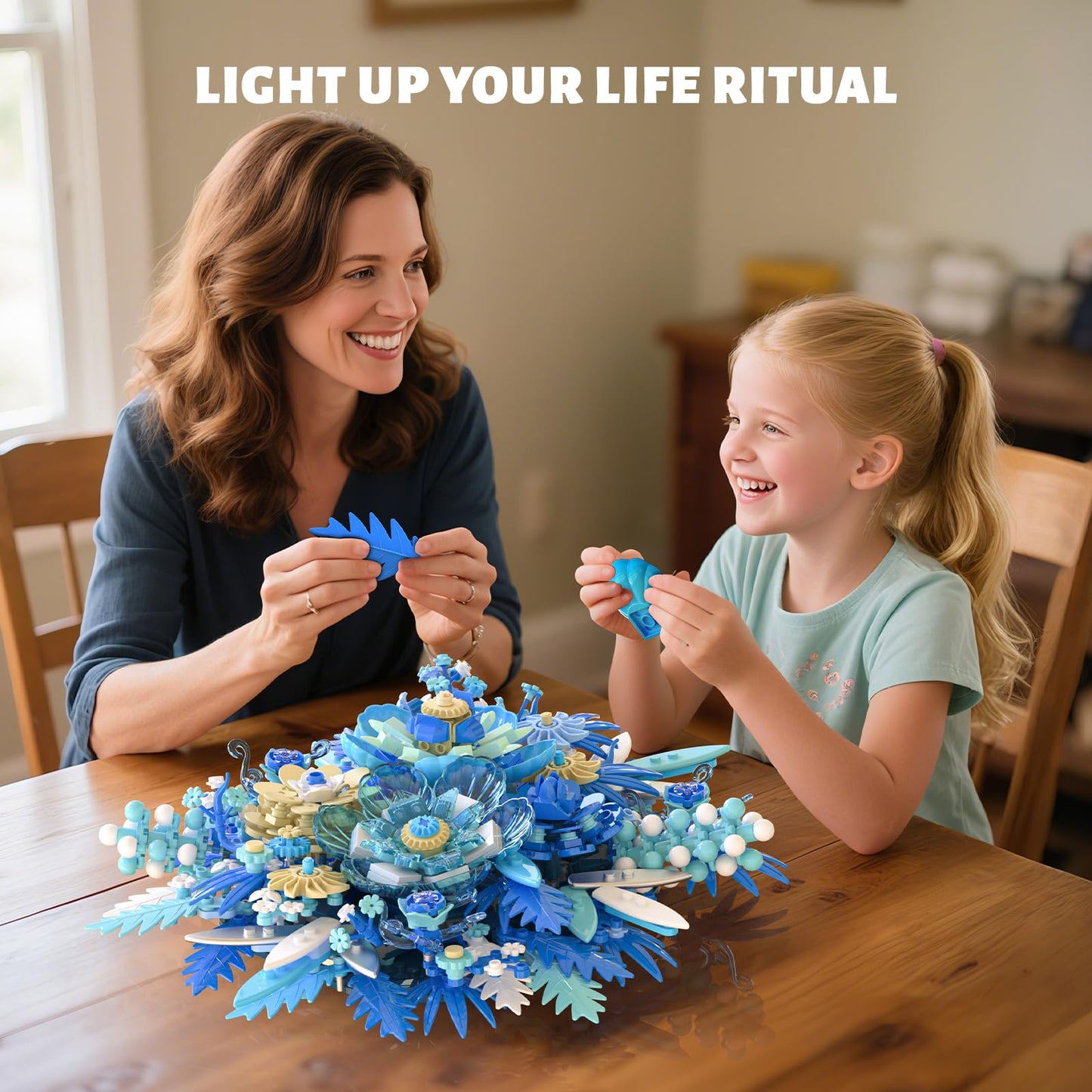 NERCISU Blue Flowers Bouquet Building Set – 917 PCS, Artificial Floral Wall Art & Home Decor