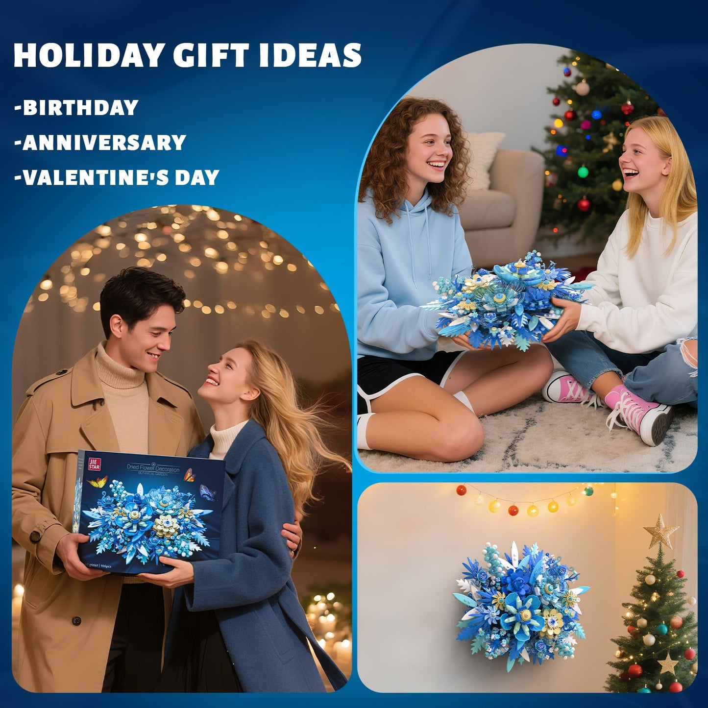 NERCISU Blue Flowers Bouquet Building Set – 917 PCS, Artificial Floral Wall Art & Home Decor