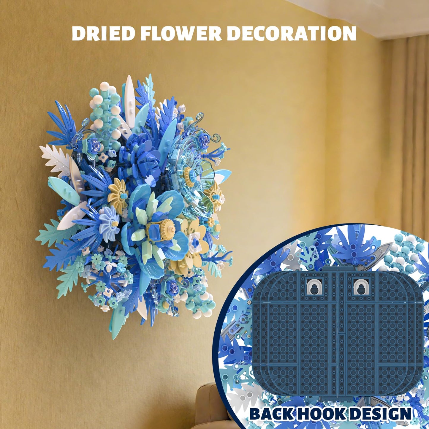 NERCISU Blue Flowers Bouquet Building Set – 917 PCS, Artificial Floral Wall Art & Home Decor