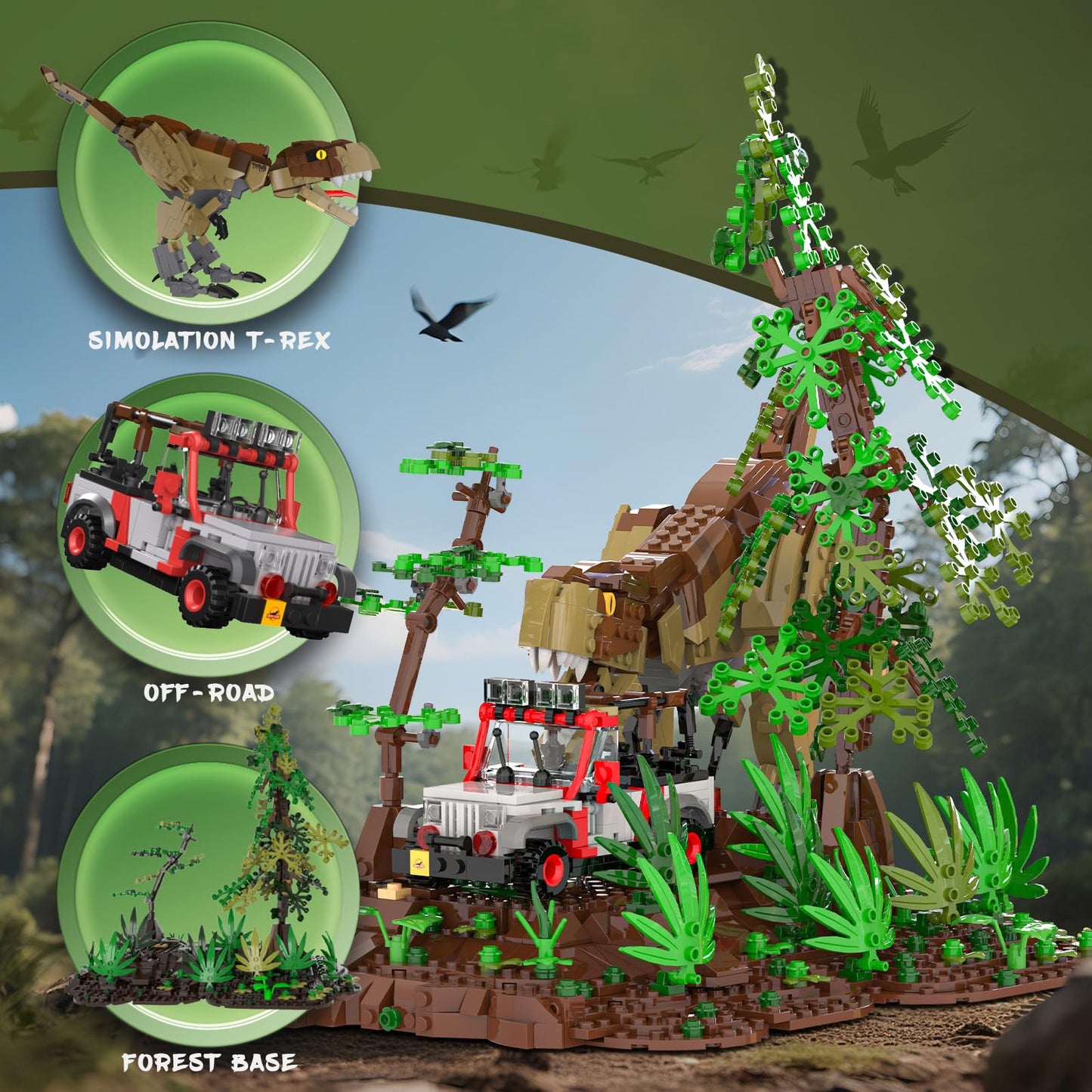 NERCISU Dinosaur Park World Building Toys – 1555-Piece T-Rex Chase Scene