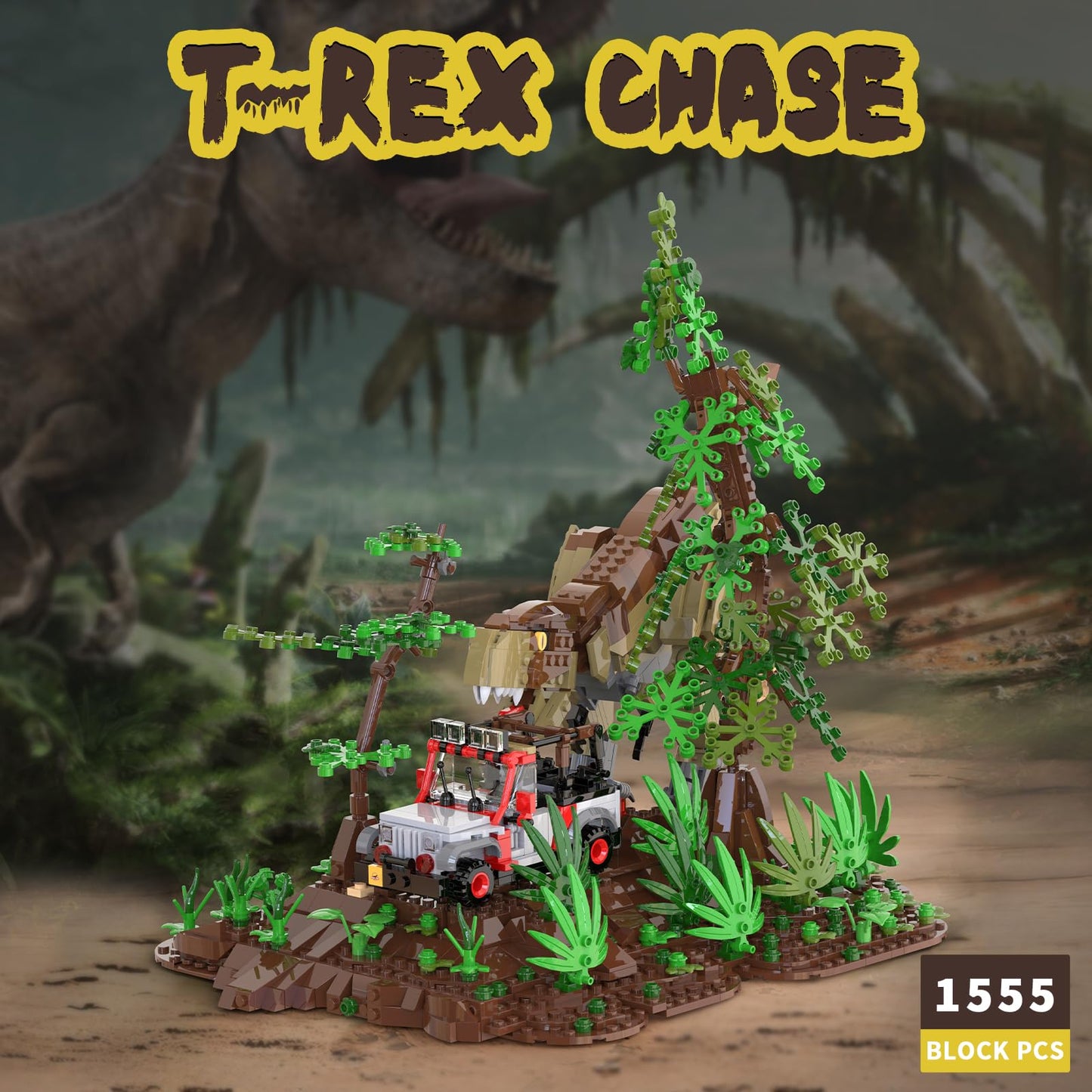 NERCISU Dinosaur Park World Building Toys – 1555-Piece T-Rex Chase Scene