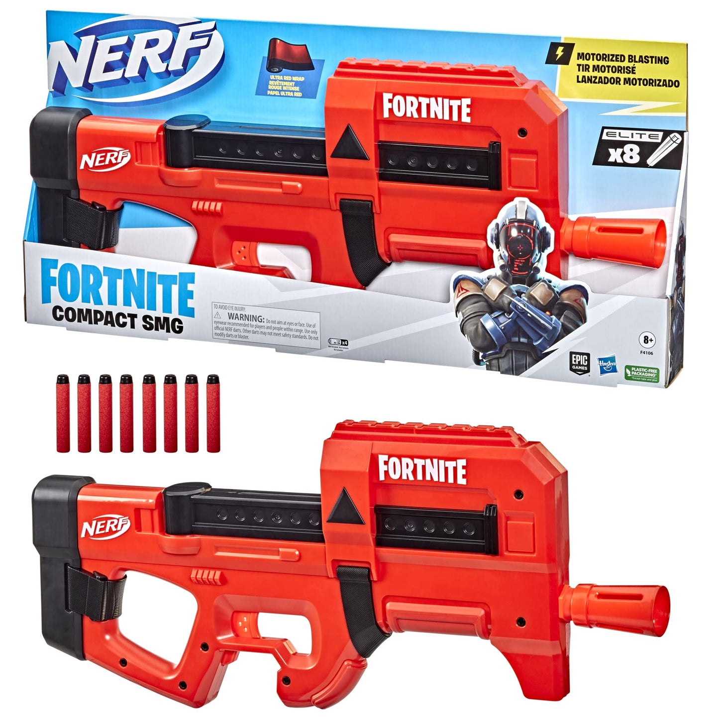 Nerf Fortnite Compact SMG Blaster – Ultra Red Wrap, 8-Dart Motorized Clip