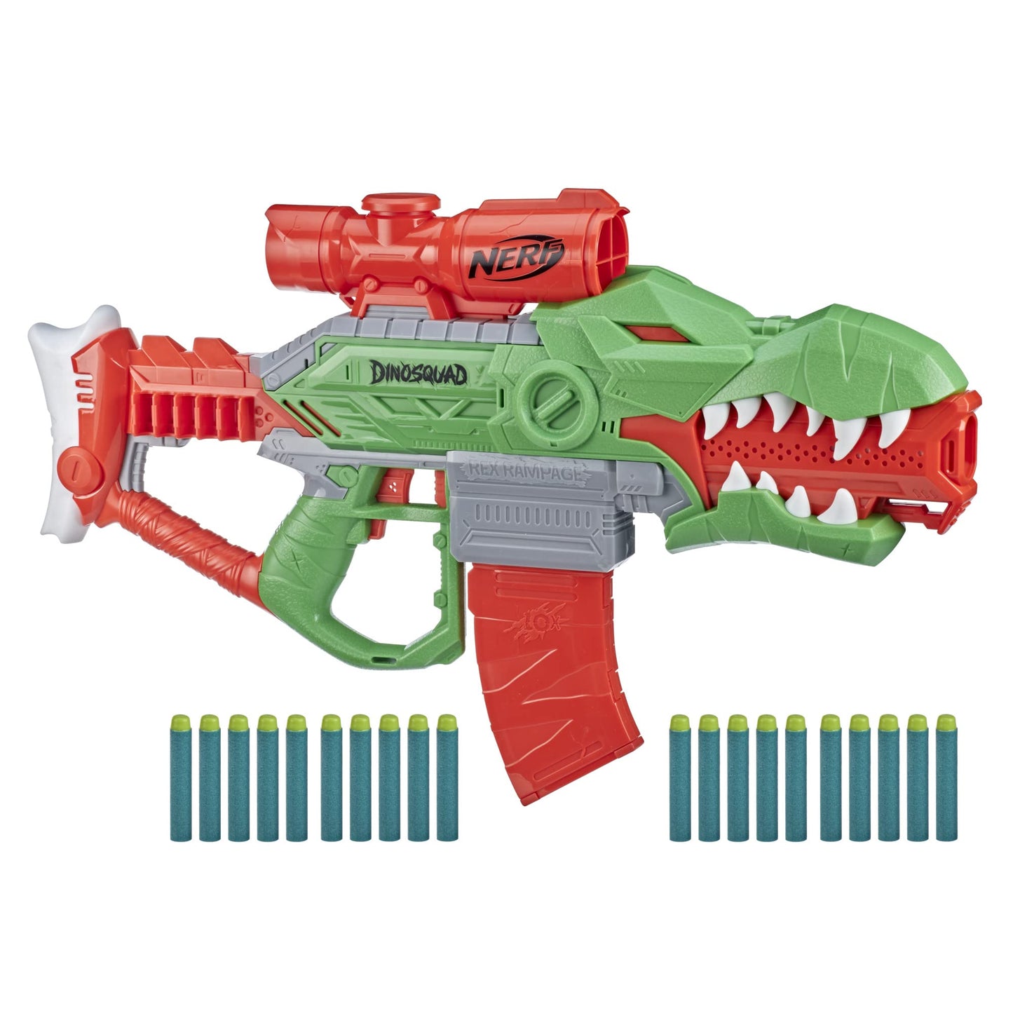 Nerf DinoSquad Rex-Rampage Motorized Dart Blaster – 10-Dart Clip, 20 Darts, T-Rex Design
