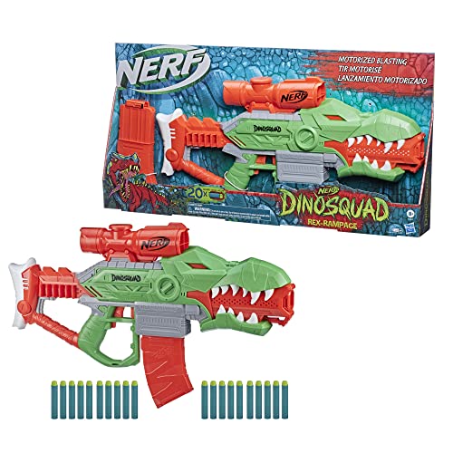 Nerf DinoSquad Rex-Rampage Motorized Dart Blaster – 10-Dart Clip, 20 Darts, T-Rex Design