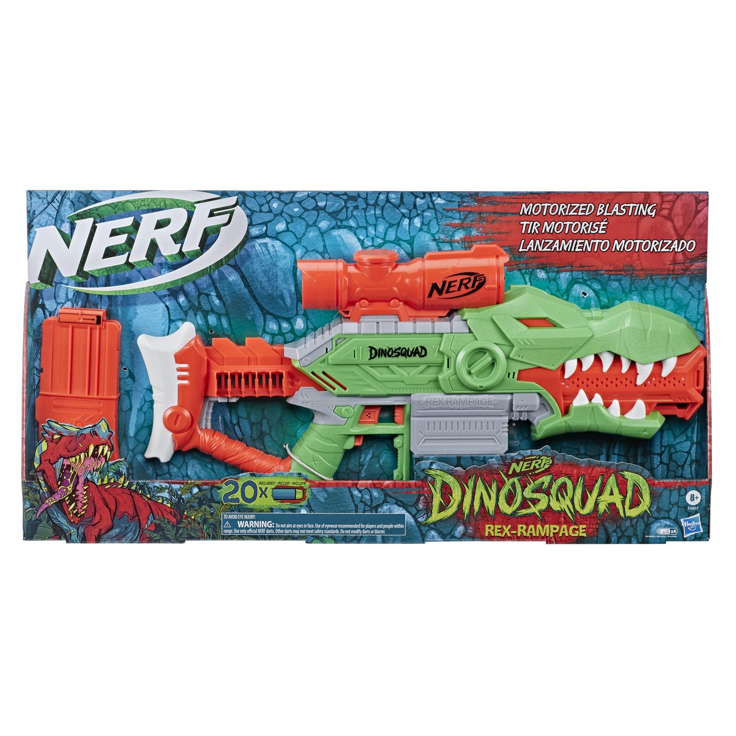 Nerf DinoSquad Rex-Rampage Motorized Dart Blaster – 10-Dart Clip, 20 Darts, T-Rex Design