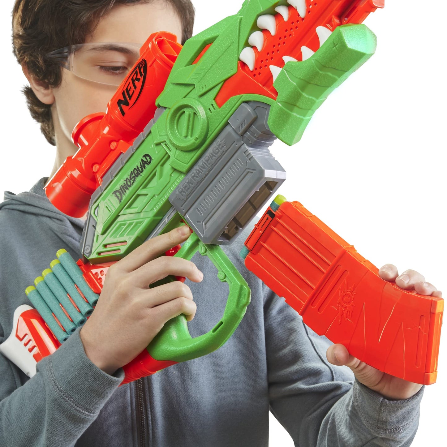 Nerf DinoSquad Rex-Rampage Motorized Dart Blaster – 10-Dart Clip, 20 Darts, T-Rex Design