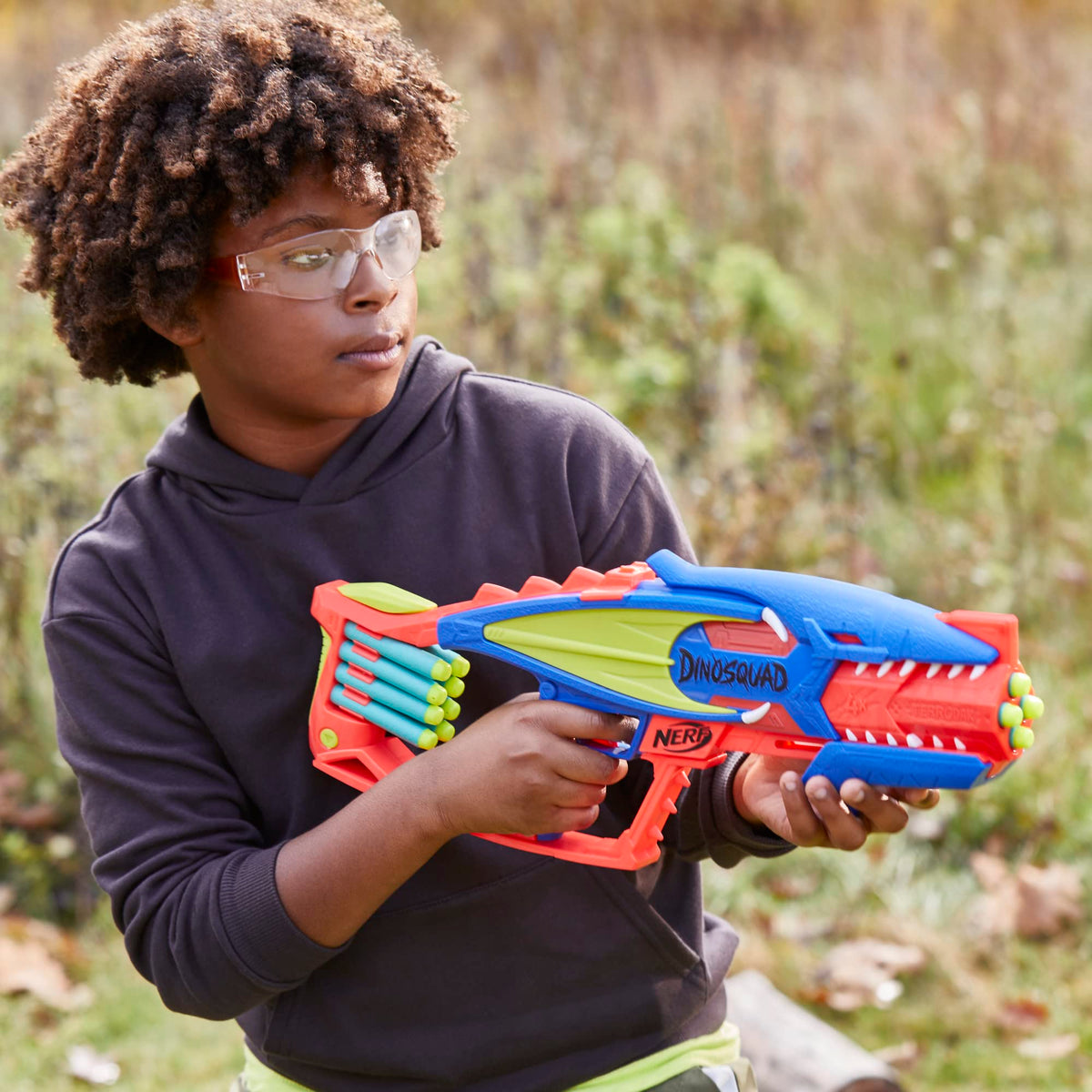 NERF DinoSquad Terrodak Blaster — 4-Dart Burst, 12 Elite Darts, Dino-Style Outdoor Toy