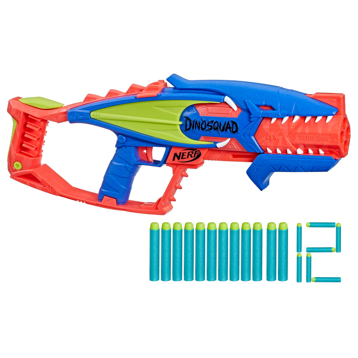 NERF DinoSquad Terrodak Blaster — 4-Dart Burst, 12 Elite Darts, Dino-Style Outdoor Toy