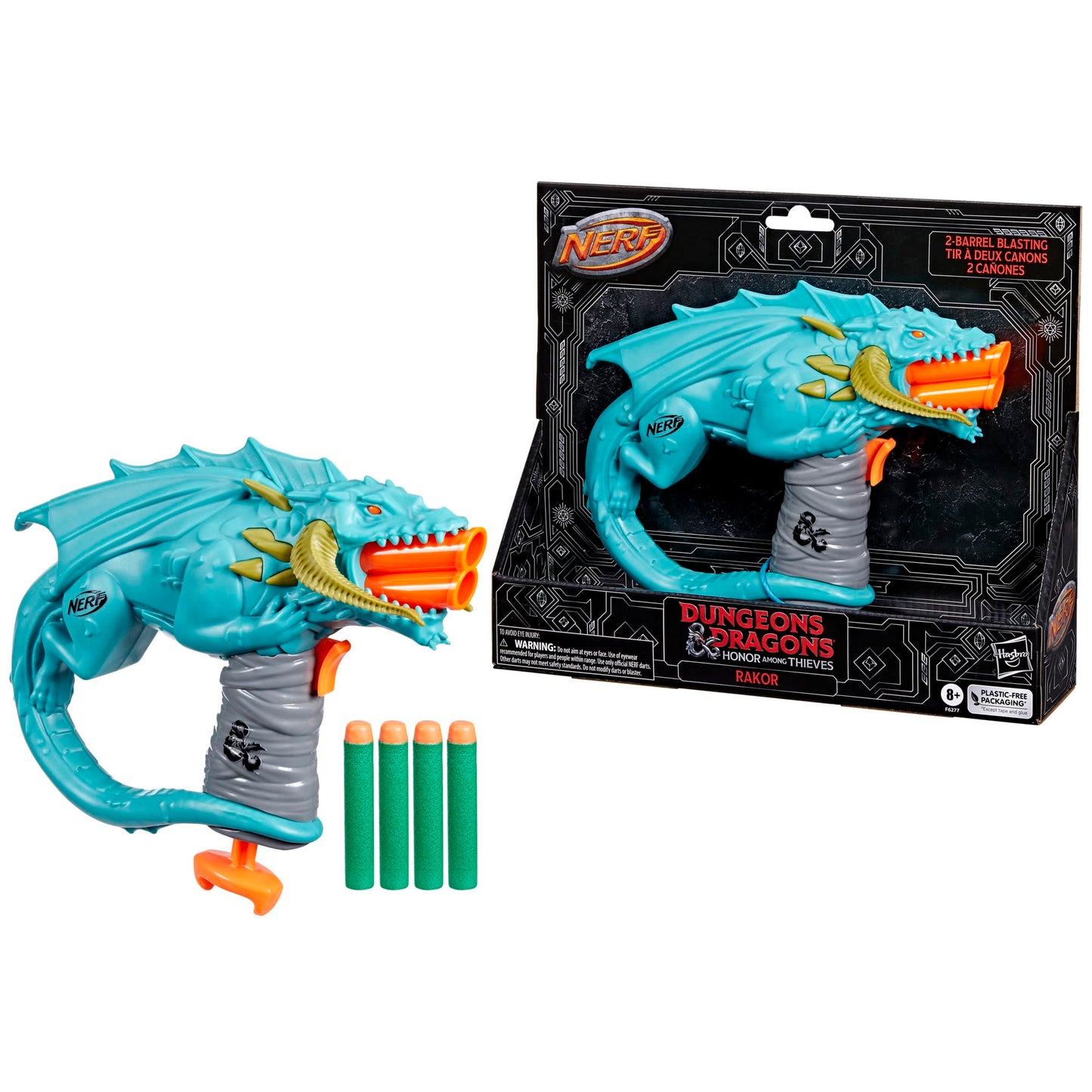 NERF Dungeons & Dragons Rakor Blaster — 2-Dart Firing, 4 Elite Darts, Outdoor Fun for Ages 8+