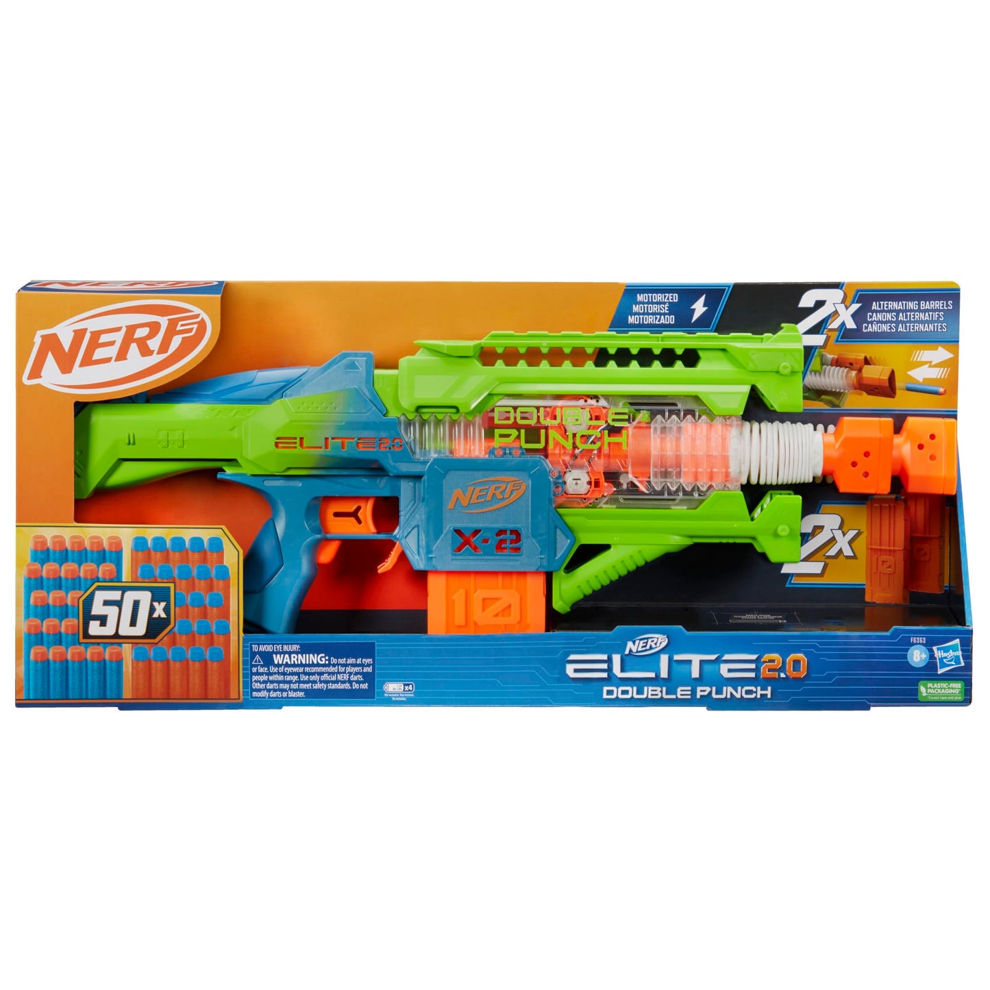 Nerf Elite 2.0 Double Punch Motorized Blaster – 50 Darts, 2 Clips, Ages 8+