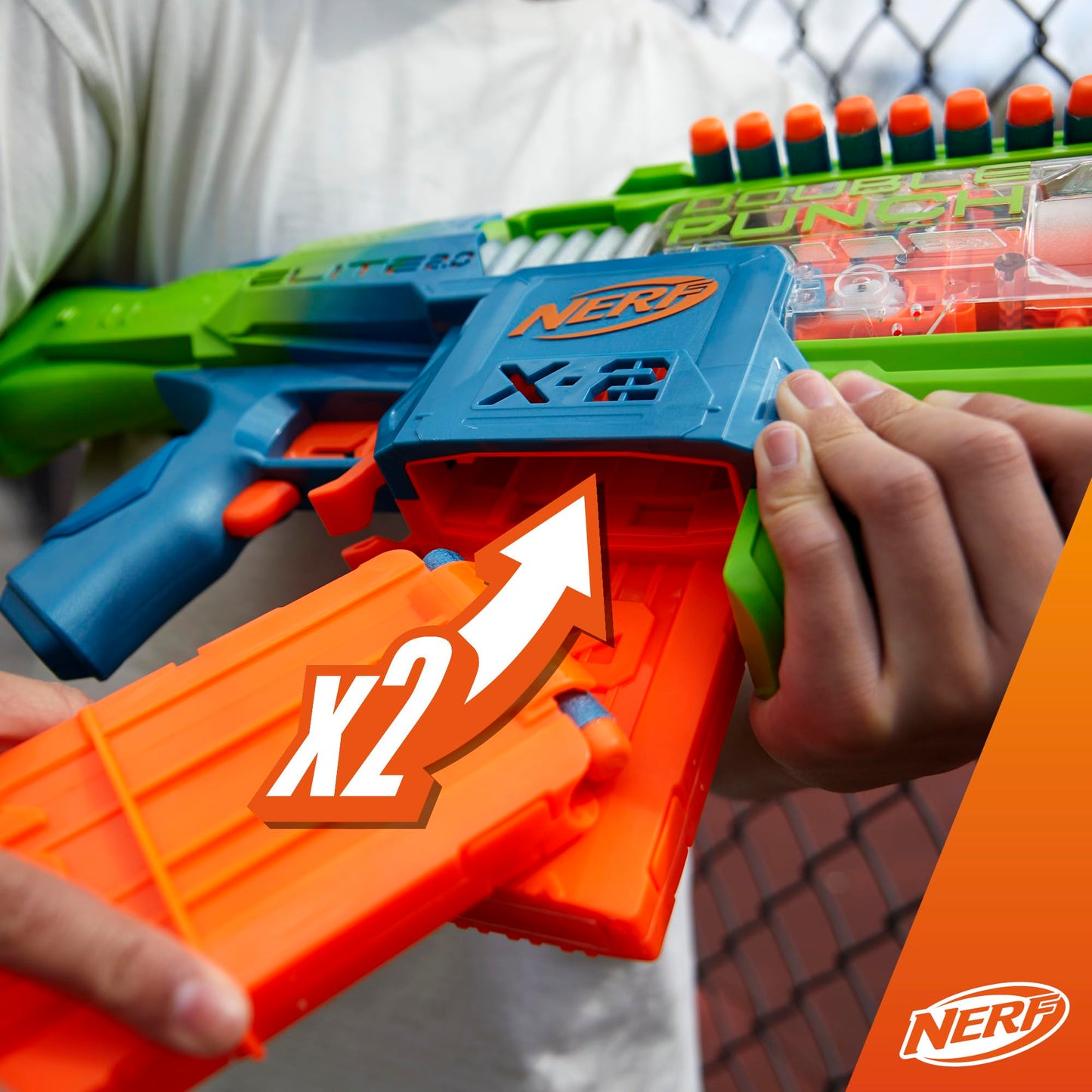 Nerf Elite 2.0 Double Punch Motorized Blaster – 50 Darts, 2 Clips, Ages 8+