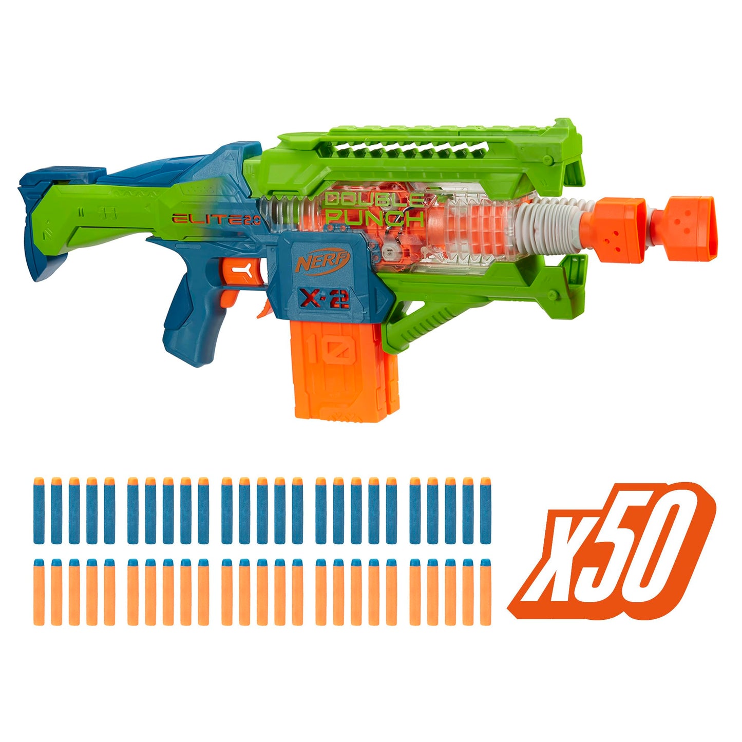 Nerf Elite 2.0 Double Punch Motorized Blaster – 50 Darts, 2 Clips, Ages 8+