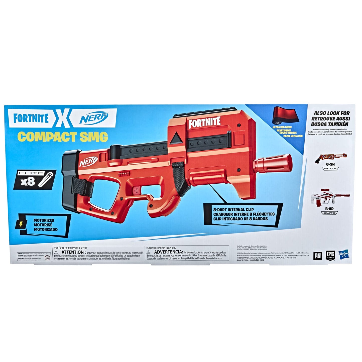 Nerf Fortnite Compact SMG Blaster – Ultra Red Wrap, 8-Dart Motorized Clip