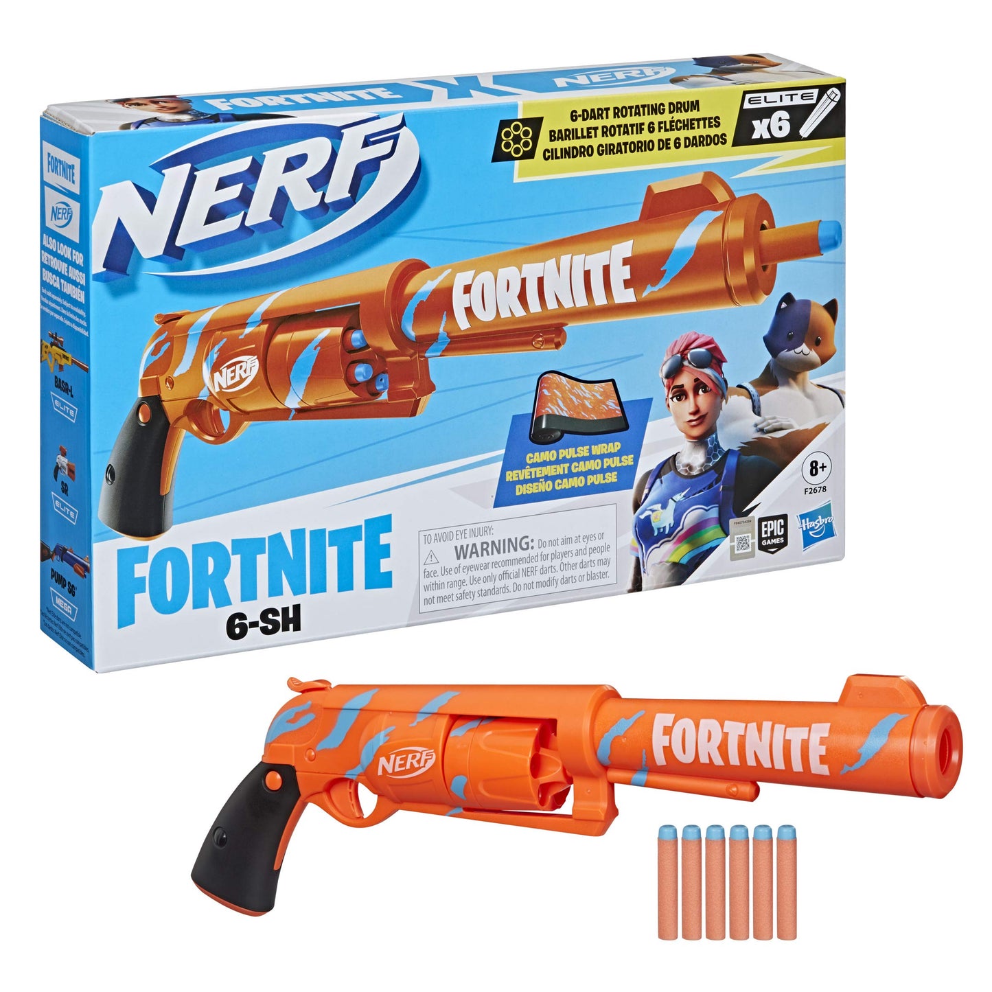 Nerf Fortnite 6-SH Blaster – Camo Pulse Wrap, Hammer Action Priming, 6-Dart Drum, Includes 6 Elite Darts