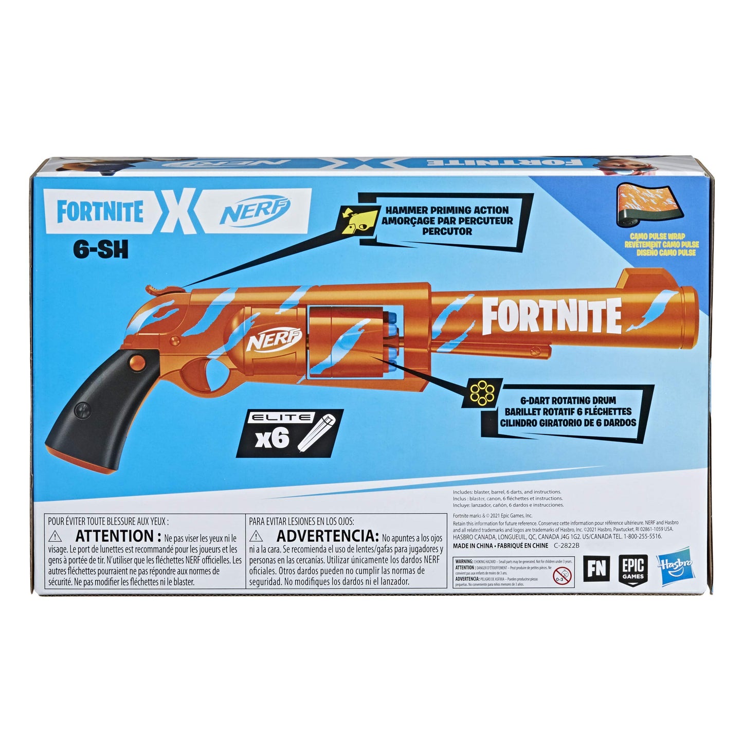 Nerf Fortnite 6-SH Blaster – Camo Pulse Wrap, Hammer Action Priming, 6-Dart Drum, Includes 6 Elite Darts