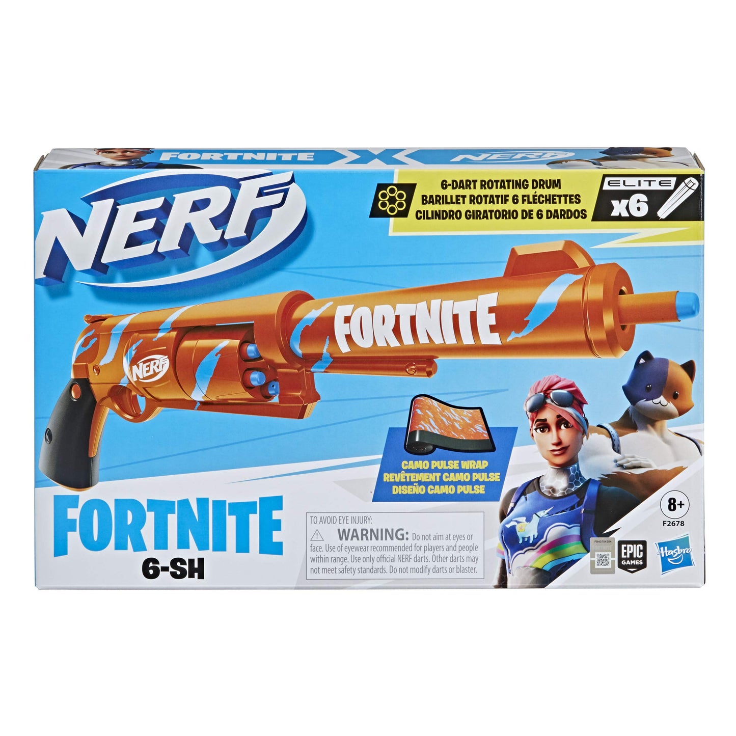 Nerf Fortnite 6-SH Blaster – Camo Pulse Wrap, Hammer Action Priming, 6-Dart Drum, Includes 6 Elite Darts